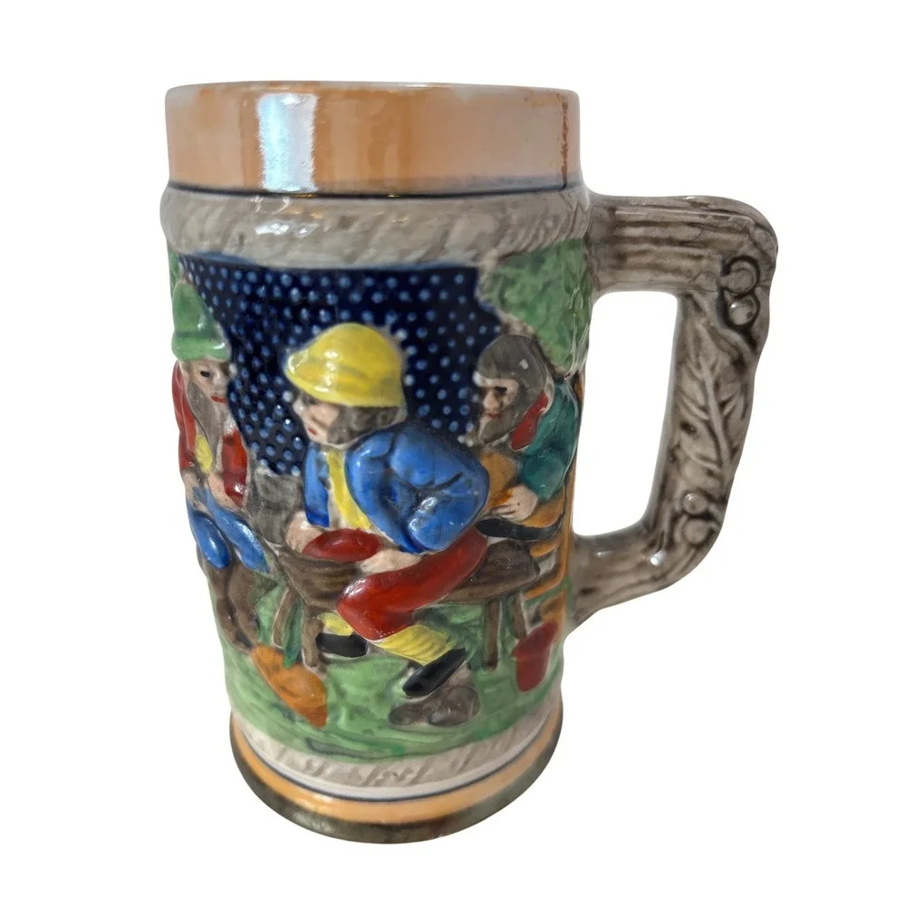 Vintage Hand Painted Ceramic Beer Stein Relief Scene Village Folk Art Mug 5.5in